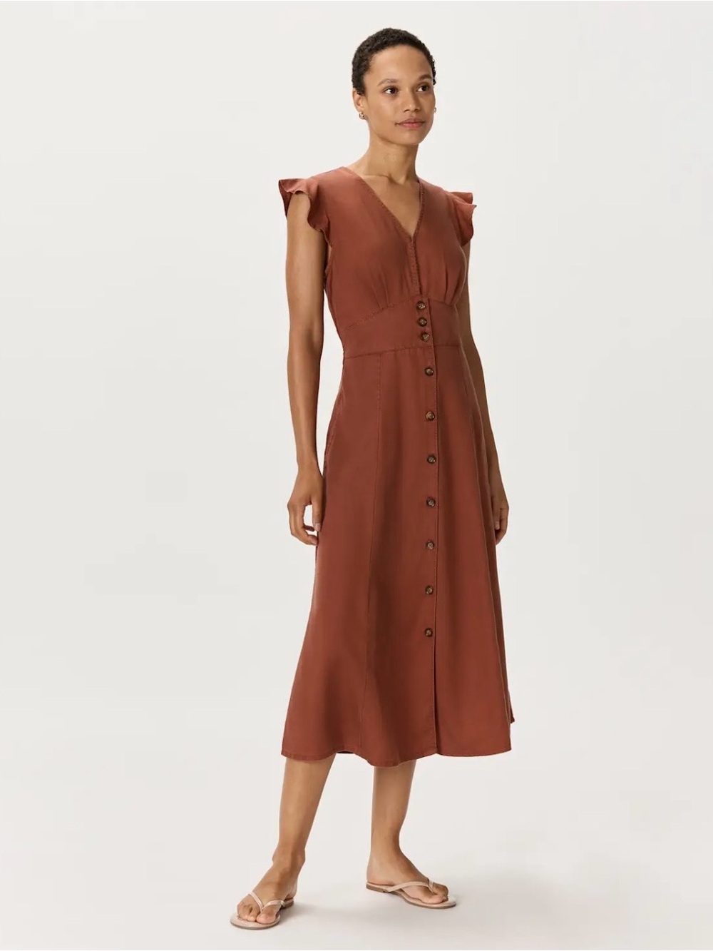 Quince Vintage Wash Tencel Button Front Midi Dress L Terracotta Perf 4 Fall! NWT